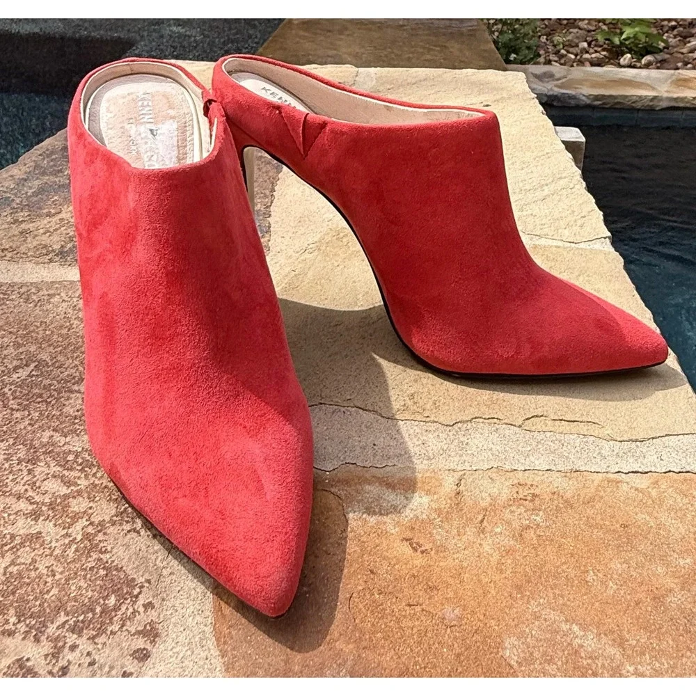Kenneth Cole Riley Suede Mule Pumps Coral Red Pointed Toe Heels Women's 7.5M R7
